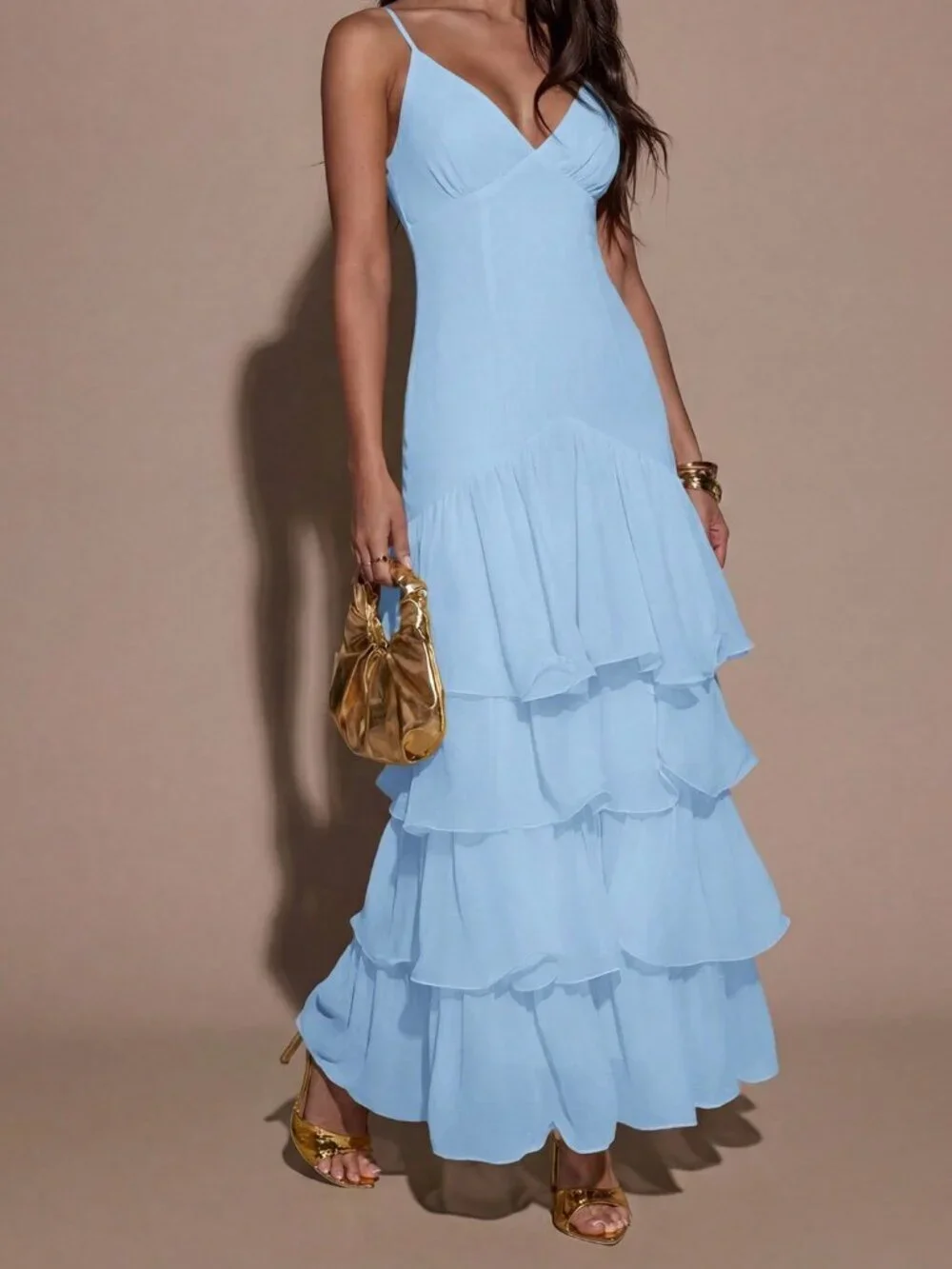 Baby Blue Sexy Women's Ruffled Hem Elegant Spaghetti Strap Dress